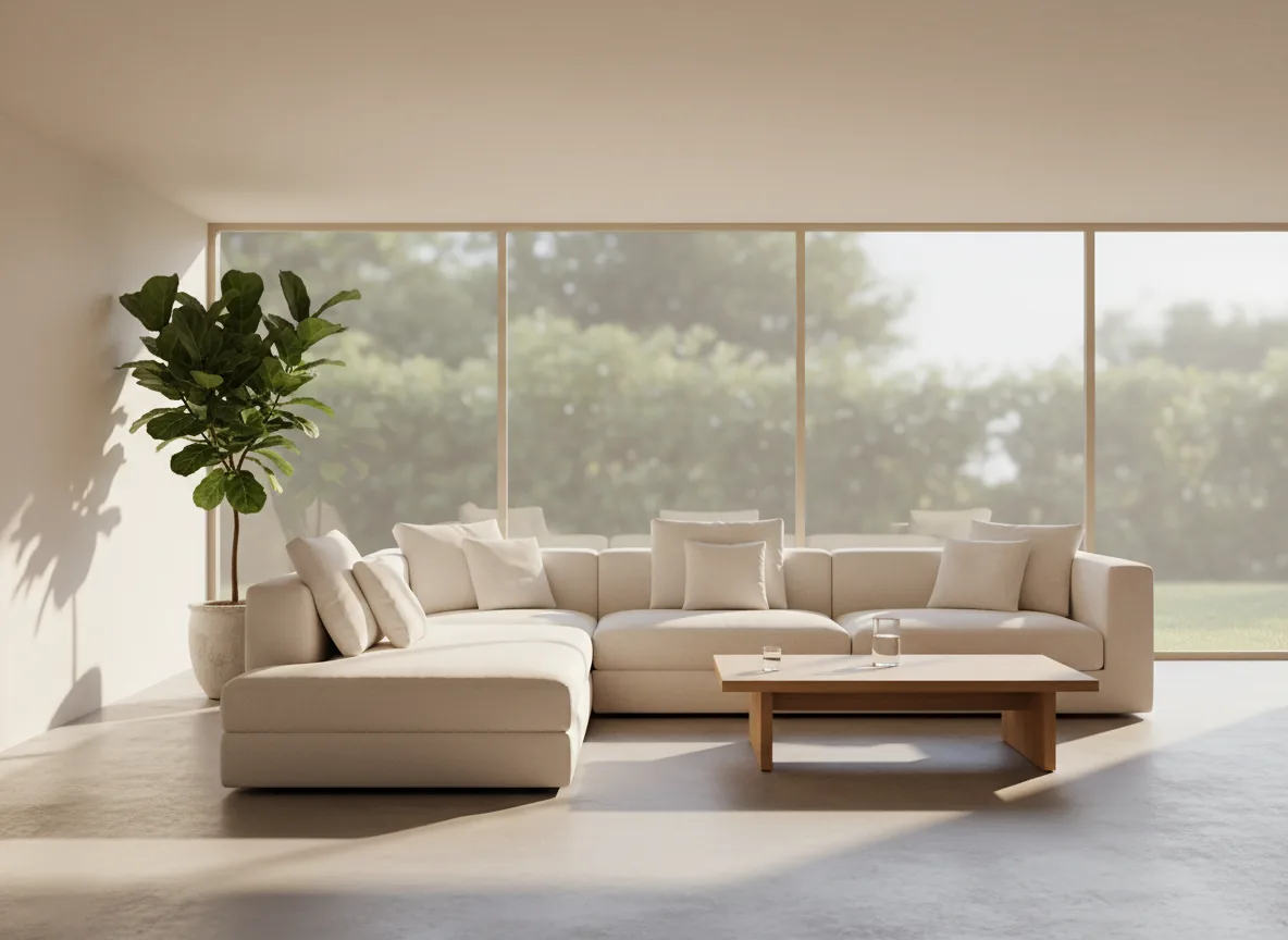 Serene pristine living room with morning sunlight