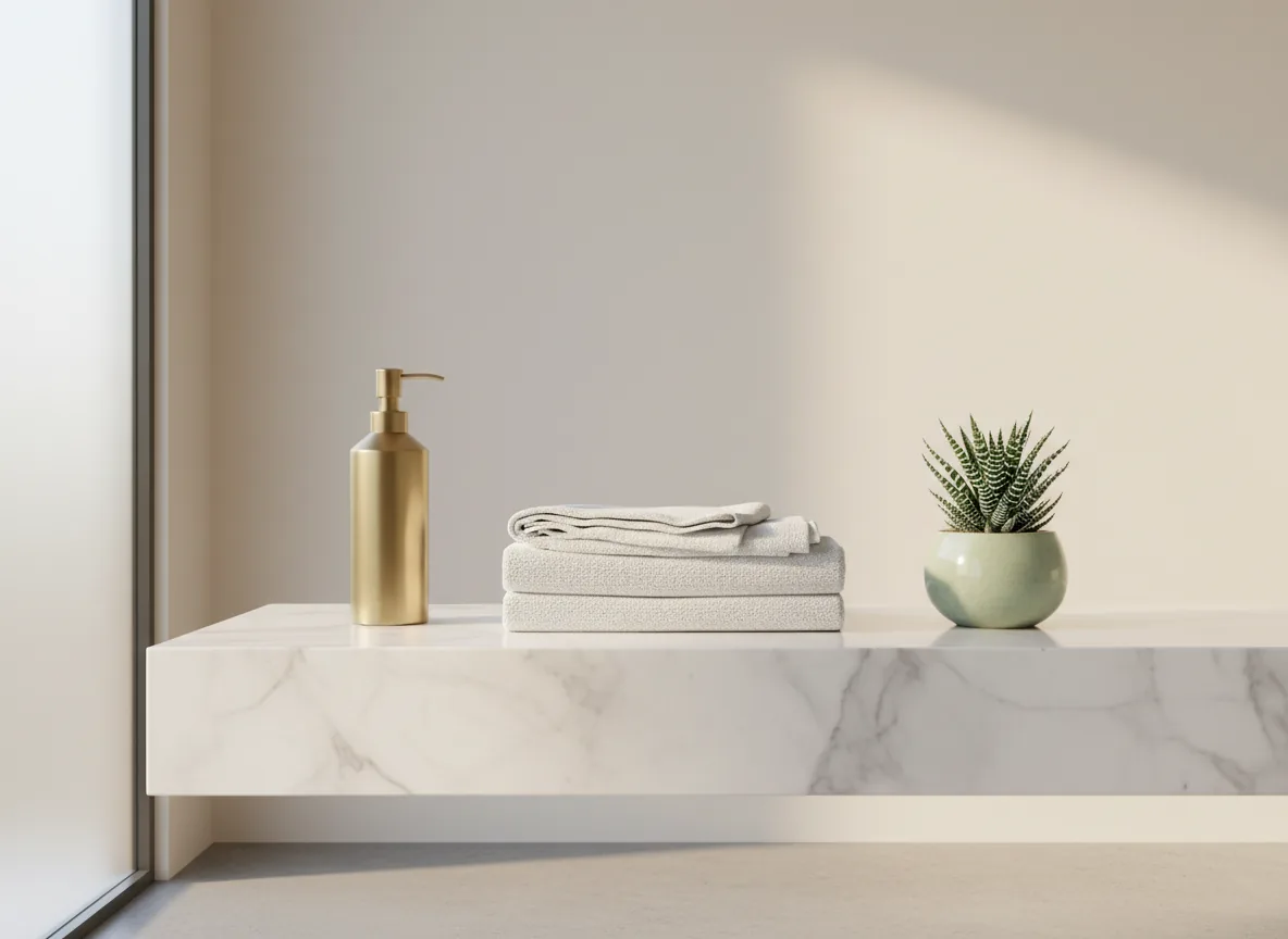 Brass soap dispenser, folded towels and a succulent on a marble washroom shelf